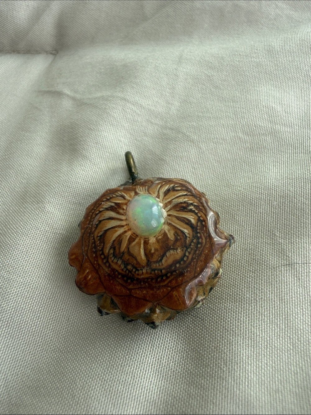 Brown Pinecone Pendant Necklace with Opal Accent Stone